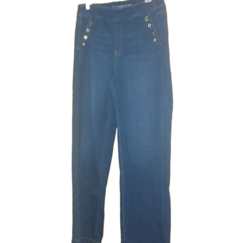 CHICOS EMBELLISHED WIDE FLARE LEG RELAXED FIT DARK WASH DENIM JEANS SIZE 1